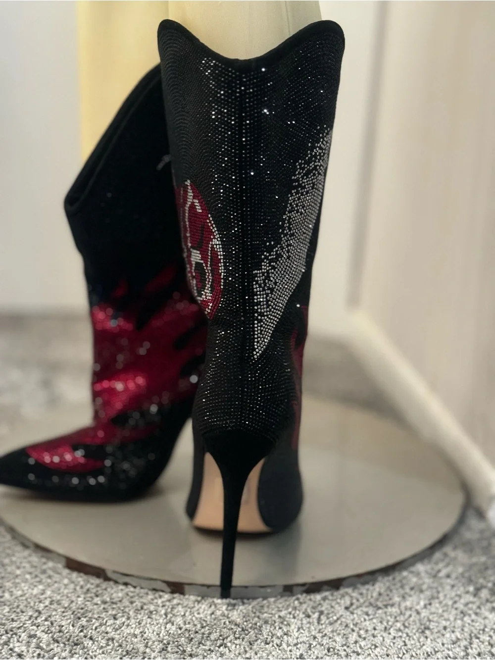 Black and Red Crystal Skull Flame Stiletto Boots . New without original box.